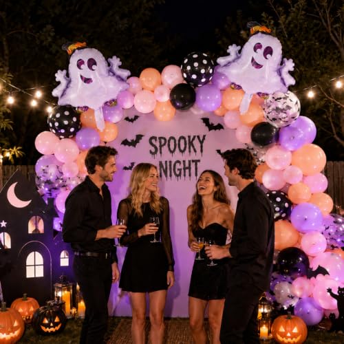 Image of Halloween Party Balloons Black Purple Pink with Bat Ghost Balloons | Pastel Halloween,Ghouls Night Decor,Girls Spooky One,Cute Birthday Party,Baby Shower Decorations