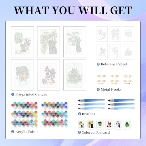 Image of 6 Pack Paint by Numbers Kit for Adults Beginner, Black Cat Adult Paint by Number Kits on Canvas Without Frame, Green Plant DIY Acrylic Oil Painting by Numbers Kits, Perfect for Home Decor 8x12 Inch