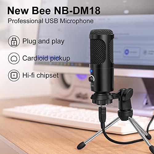 Microphone USB PC à condensateur noir avec trépied stable pour enregistrement studio