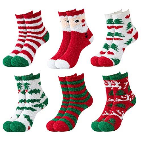 Women Christmas Fuzzy Socks - Fluffy Winter Warm Cozy Striped Crew