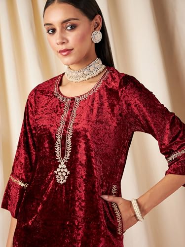 Image of Women's Velvet Floral Embroidered Straight Kurta | Round Neck Three-Quarter Sleeve Calf Length Kurti with Thread Work
