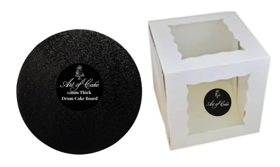 Art of cake ® Drum Cake Board (13mm) & 2 Sided Window Tall Cake Box (Black, 12")