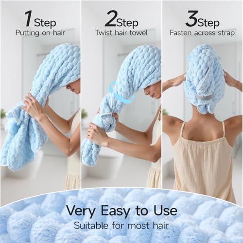 Image of REDKISS Blue Microfiber Hair Towels - Extra Large Hair Towel Wrap for Women, 24x42 inch Hair Towels with Elastic Strap, Super Soft Hair Drying Towels for Long, Thick, Curly Anti Frizz Turbans