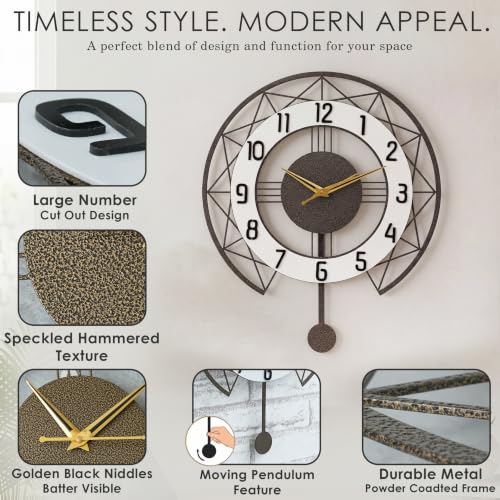 Image of Decorative Metal Wall Clock with Pendulum for Living Room | Modern Stylish Wall Clock for Bedroom, Hall, Office & Home Decor | Luxury Analog Wall Clock (Antique Gold 40 cm)