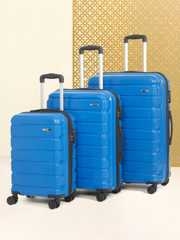 Image of Teakwood Small-Medium-Large 8 Wheels Trolley Bag, Hard Cabin with Zipper Closure, Adjustable Push Button & Cross Side Strap, TSA Lock System 360 Degree (Set of 3, Royal Blue)