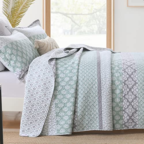 Kaloola Quilts Queen Size 100% Cotton Queen Quilt Bedding Set, Sage Green Grey Floral Striped Queen Bedspreads, Farmhouse Reversible Lightweight Queen Quilt For All Seasons, 3 Pieces #TOP2