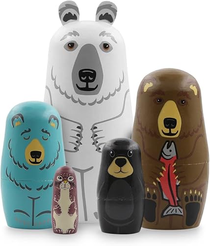 Juego de 5 muñecas de anidación de oso de animales, oso polar, oso marrón, comadreja de madera, muñeca rusa Matryoshka, muñecas para Navidad,