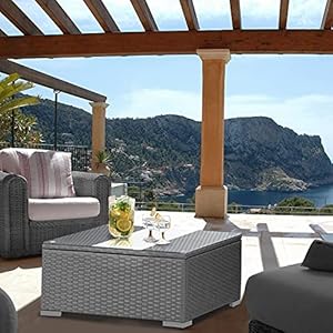 Betterland Patio Furniture Rattan Square Outdoor Coffee Tables All Weather Wicker Coffee Table with Tempered Glass Top for Living Room Backyard Balcony Poolside Garden Grey Wicker