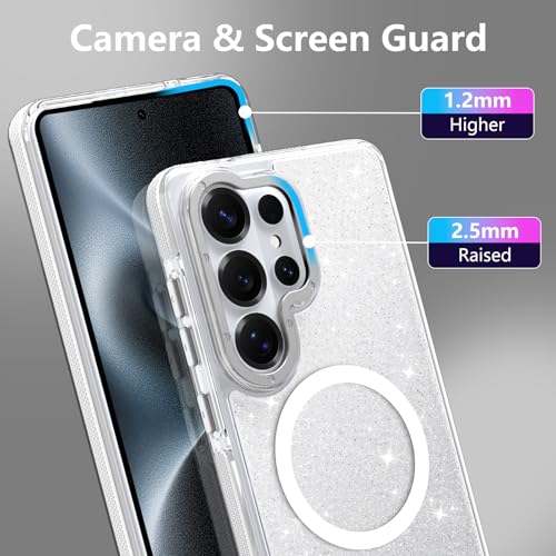 Image of Magnetic Case for Samsung Galaxy S26 Ultra [Compatible with Magsafe] [Bling Glitter Fluorescent Design] [1 Screen Protector] Slim Translucent Matte Case for Galaxy S26 Ultra 6.9 inch, White