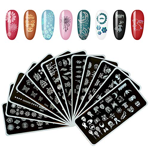 AIFAIFA 12PCS Nail Stamping Plate for Nail Design, with Snowflake, Flowers, Lace, Butterfly, Line, Geometric, Rose Dandelion, Daisy Maple leaf, Bohemia Dream Catcher, Alphabet, Heart, Rabbit, Cute Cat