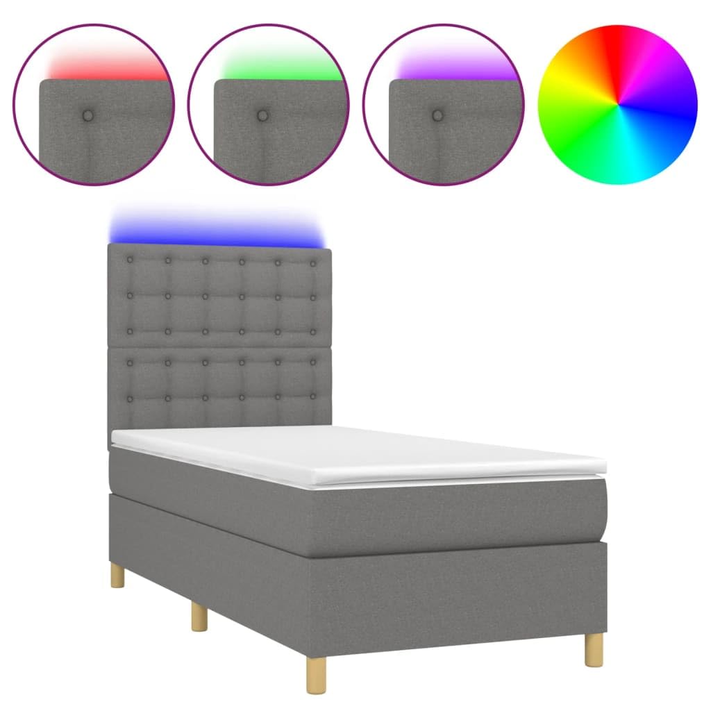 Tkanina z regulowanym zagłówkiem LED 90x200 cm szary | Łóżko kontynentalne 90x200 z materacem sprężynowym, ciemnoszara tkanina, zagłówek regulowany, LED USB, nowoczesne do sypialni
