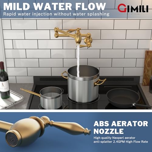 Gimili GM1359-99G Pot Filler Brushed Gold Kitchen Sink Pot Filler Faucet Wall Mount Kitchen Faucets Over Stove Faucet Brass Folding Faucet thumb #2