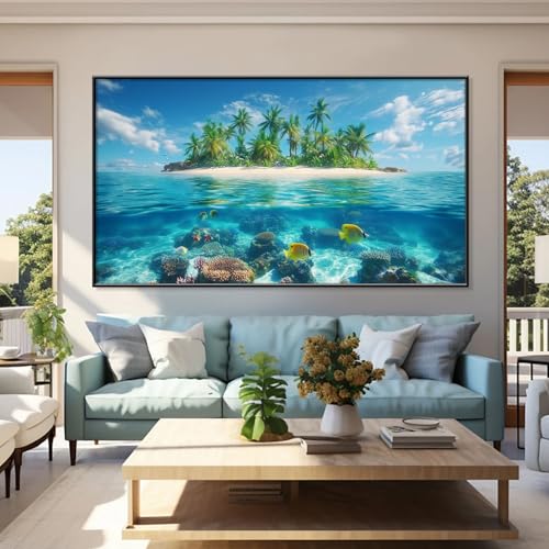 Art mural tropical pour salon moderne, vue plage et palmier exotique