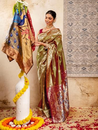 Image of SIRIL Women's Paithani jacquard Silk Saree |Chandrakor Paithani jacquard Saree With Unstitched Blouse Piece