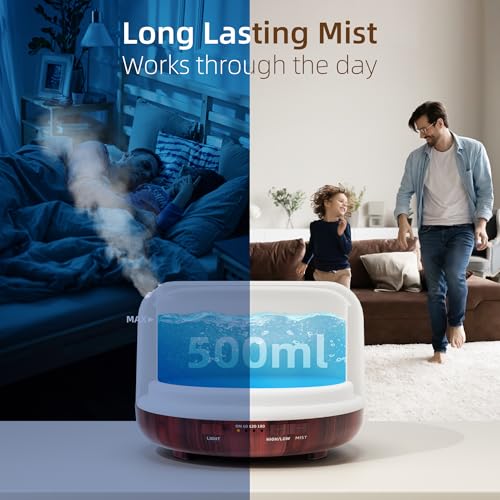 Image of ASAKUKI Essential Oil Diffuser for Home, 500ML Aromatherapy Humidifier | with Remote Control, 7 Color LED Lights, Quiet Cool Mist Diffuser for Bedroom, Living Room, Office (Reddish-Brown)