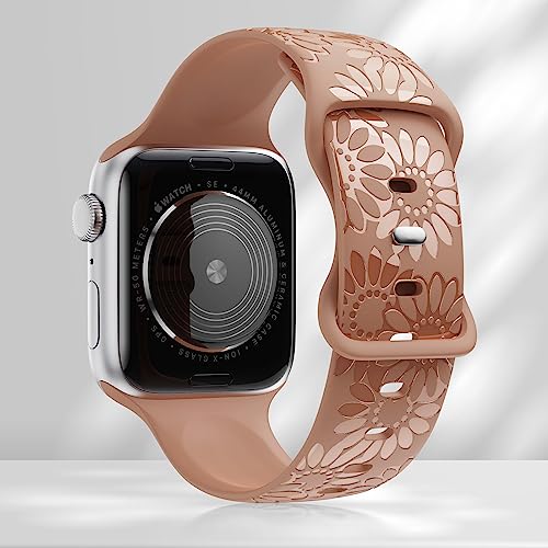 Image of Sunflower Engraved Band Compatible with Apple Watch Bands 38mm 40mm 41mm 42mm 44mm 45mm 49mm Women, Designer Soft Glossy Floral Silicone Strap for iWatch Series Ultra 11 10 9 8 7 6 SE 5 4 3 2 1