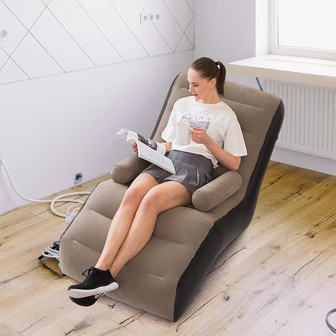 L-Shaped Armrest Inflatable Sofa - Adult Lazy Sofa, Inflatable Bed, Air Couch, Flock -PVC, Brown-image-17