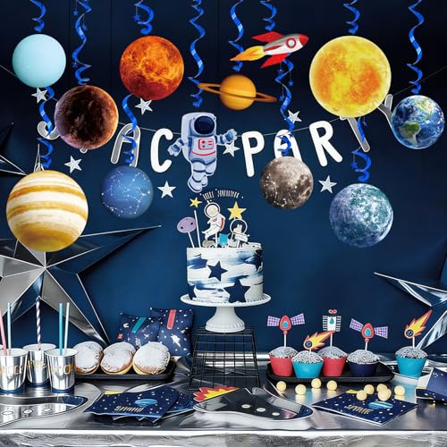 Image of Space Themed Party Decorations - 24 Pcs Outer Space Party Hanging Swirl Decor Solar System Planets Rocket Astronaut Ceiling Steamer for Space Themed Birthday Baby Shower Party Supplies