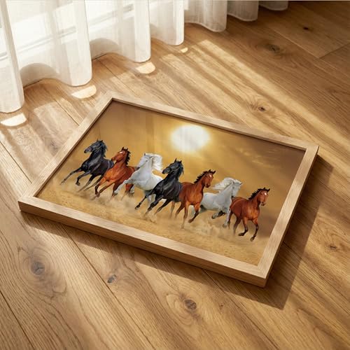 Image of Suneree 7 Horse Vastu Wall Painting - Running Horses Golden Desert Landscape Framed Wall Art for Living Room & Office Decor (Natural, Design 13, 13x19 Inch)