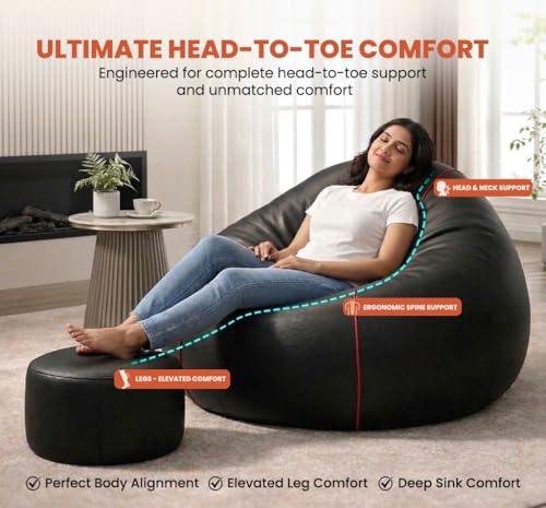 Image of Sattva Piping 4XL Sofa Style Bean Bag Chair with Beans Filled | Faux Leather Bin Bags Combo with Footstool & Cushion | Pre-Filled Large Beam Bag for Adults, Living Room - Black /Red Piping