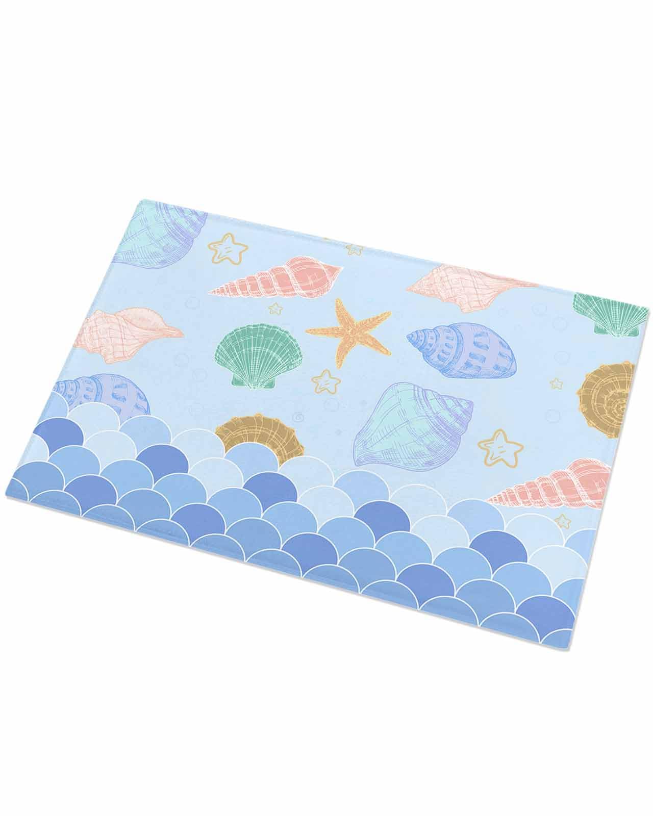 Indoor Doormat Watercolor Sea Shell Starfish Conch,Shaggy Floor Mat with Non-Skid Backing Marine Ocean Life Circle on Blue,Machine Washable Plush Area Rug Carpets for Kitchen Nursery Bedroom