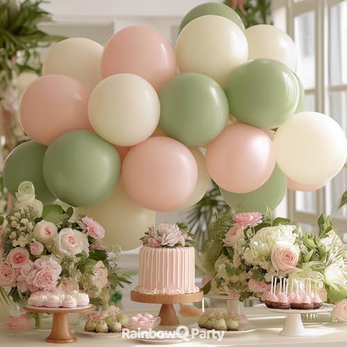 Image of Pink and Green Balloons 12 Inch 67PCS White Sage Green Balloons Latex Helium Balloon Set for Anniversary Wedding Birthday Party Decorations