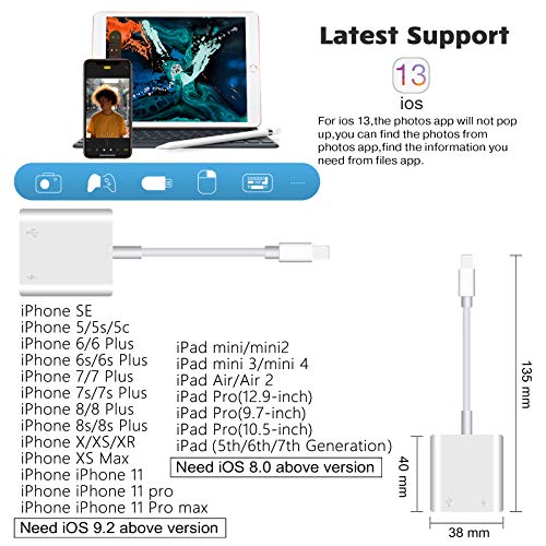 USB Camera Adapter, USB Female OTG Adapter Compatible with iPhone/iPad, Portable USB Adapter for iPhone with Charging Port, iPad to USB Adapter No Application,Support card reader Plug and Play (White)