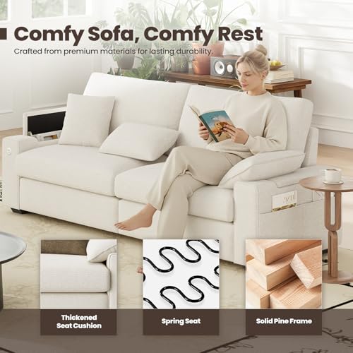 Image of MALOL 89 inch Loveseat Couch, 3 Seater Upholstered Mid-Century Mondern Love Seat with USB Type C Ports, 4 Pillows and Storage Armrest Cloud Foam Sofa for Living Room /Small Spaces, Beige