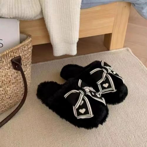 Black Bow Slippers for Women Fuzzy Cute Fluffy Puffy Bedroom Shoes Soft Warm Indoor Outdoor Non-slip4