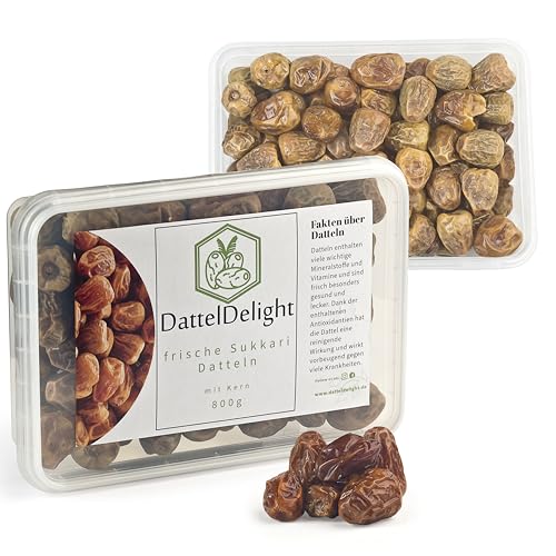 DattelDelight Frische Sukkari Datteln (Chewy), Vegan & Glutenfrei mit Kern, nachhaltig verpackt,natürlich süß ohne Zuckerzusatz-Saftige Konsistenz, reichhaltiges Fruchtfleisch für Snacks & Backen 800g