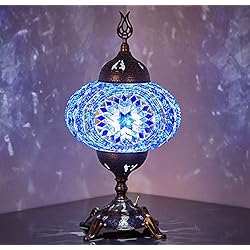 Lamparas Turcas Antiguas DEMMEX (15 colores Lámpara de mesa de mosaico con batería con bombilla LED integrada, mosaico marroquí turco, mesita de noche, lámpara de noche con bombilla LED, sin cable (espacio azul)