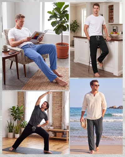 Image of 3 Pack Mens Cotton Pajamas Pants Lounge Pjs Bottoms Sleepwear Bottoms Soft Pants with Pockets Drawstring