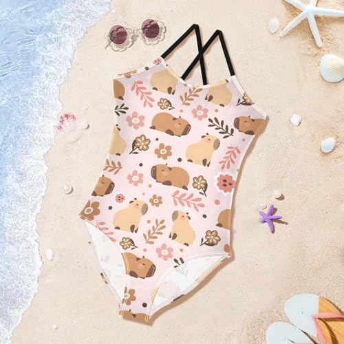 Girls One Piece Swimsuits Cute Capybara Purple Flowers Cute Swimwear Bathing Suits 3-10T4
