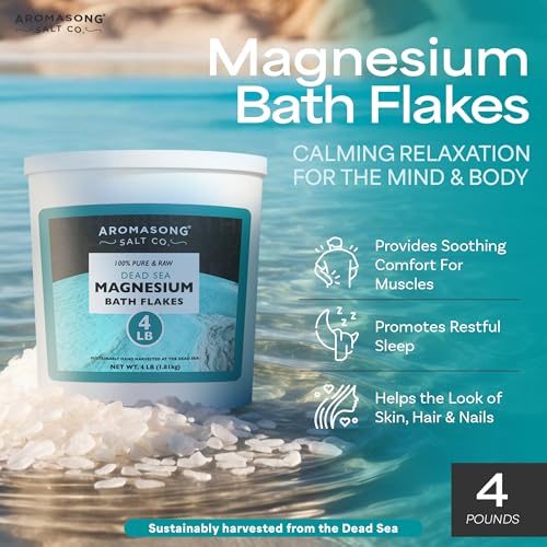 Aromasong Raw Dead Sea Magnesium Flakes for Bath - 4 LB Bulk Bath Salt in Reusable Bucket