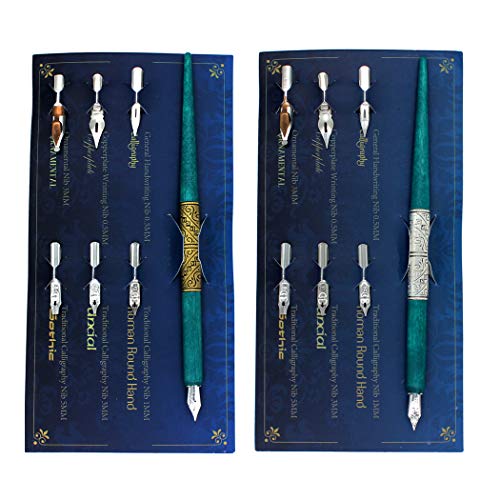 Hillento madera de mármol manga caligrafía kit lápiz de dibujo, profesional cómica pluma de inmersión, incluye 2 mangos porta lapiceros cómicas, 12 puntas para las letras dibujo, arte, bronce y plata Cover