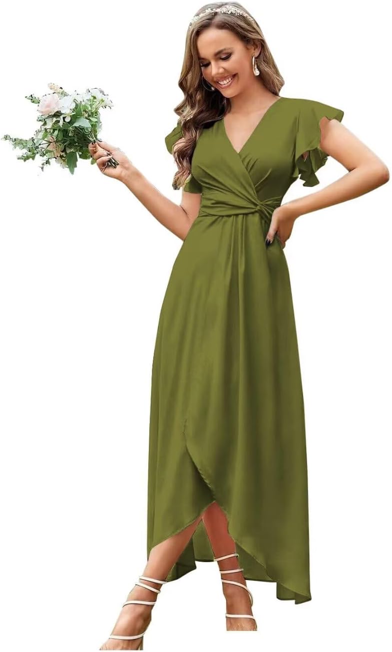 Flutter Sleeve Bridesmaid Dresses with Slit Tea Length Chiffon Formal Dresses for Wedding Guest