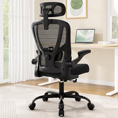Office Chair Ergonomic Desk Chair - Mesh High Back Office Chair with Headrests Wheels Lumbar Support Home Desk Office Chairs Flip up Armrest Executive Rolling Swivel Task Computer Chair Black - Image 3