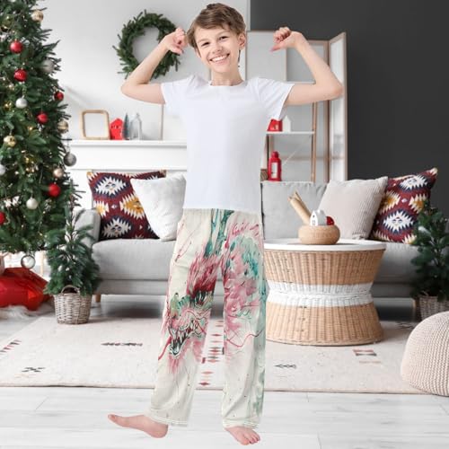 Boy's Pants Pink Green Cute Dragon Jogger Pants Elastic Waist Long Bottoms Trousers with Pockets 6-14 Years2