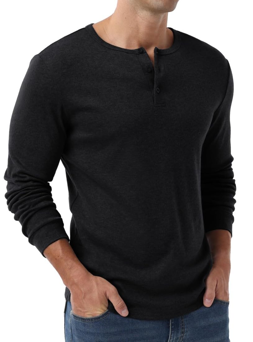 PrinStory Henley T-shirt à manches longues pour homme Coupe ajustée Col en V avec bouton