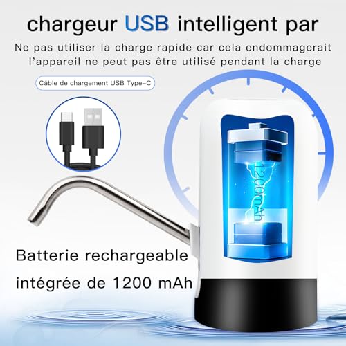 EASYSPEED Distributeur Eau,Distributeurs à Eau avec 2 Adaptateurs, Pompe à Eau Automatique Distributeur d'eau Portable Rechargeable par USB, Bouteilles pour Le Camping,La Maison Et Le Bureau,Blanc – vue 5