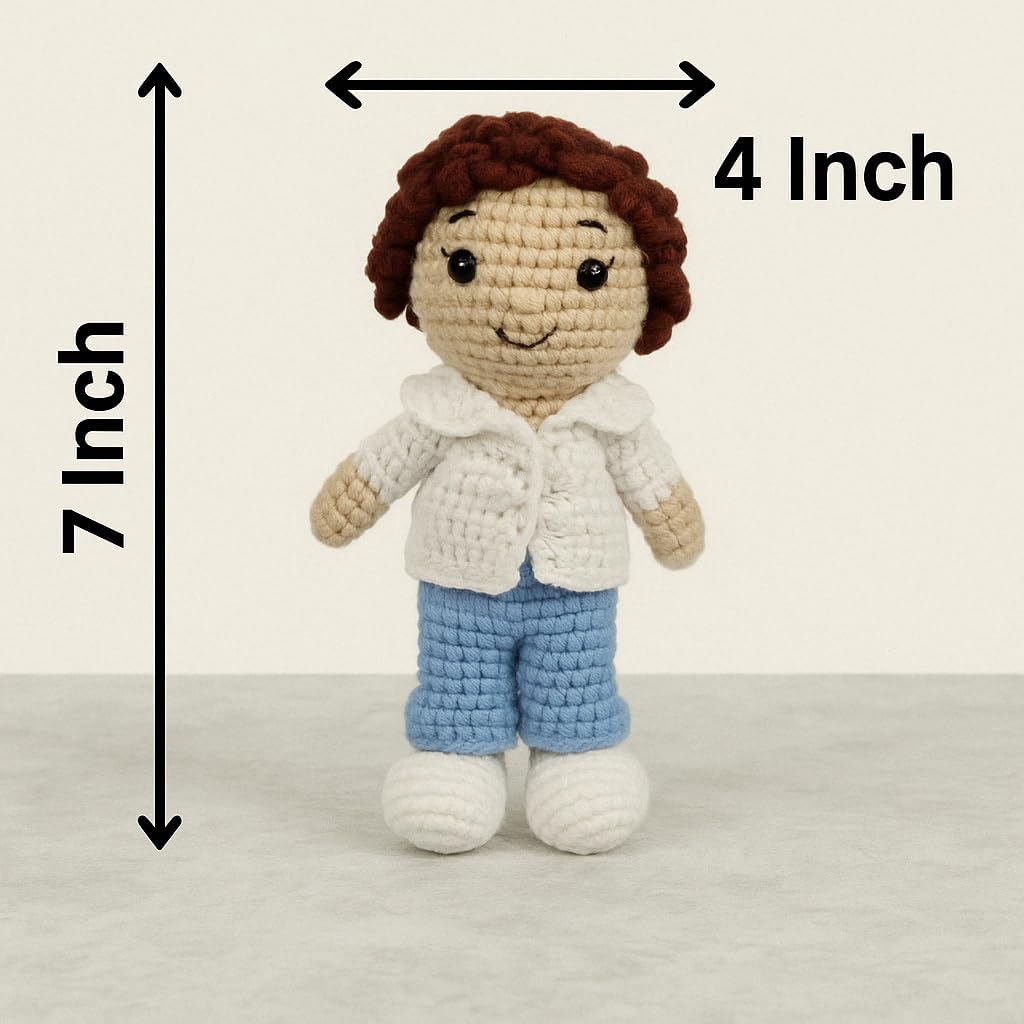 Sutra Handmade Crochet Boy Doll – Amigurumi Soft Toy with Cream Shirt & Blue Pants, Cute Handcrafted Gift for Kids & Nursery Decor
