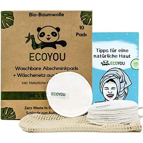 EcoYou washable make-up pads made of 100% cotton, reusable cotton pads, 10 pieces, sustainable face care for women, including DIY recipes and cotton laundry net Cover