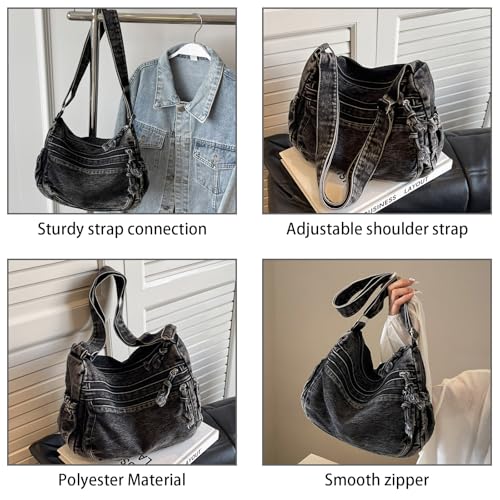 Denim Purses for Women Grunge Y2k Purse Y2k Bag Black Y2k Accessories Goth Punk Shoulder Bag Denim Tote Bag Casual Retro Crossbody Lightweight Shoulder Bag Canvas Handbags4