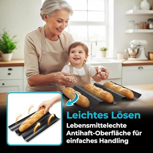 Foto von Krollmann Baguette Backblech mit Antihaftbeschichtung – Perforierte Baguette-Backform mit 3 Mulden – 38×24×2,5 cm Schwarz – Knuspriges Brot & Brötchen Backformen für Zuhause