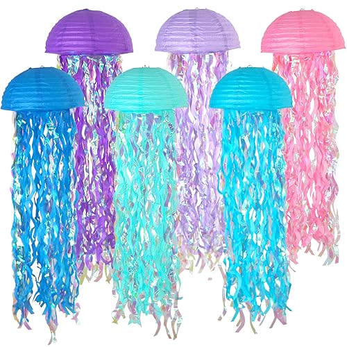 Image of 10 Inch Jellyfish Paper Lanterns 6 Pack, Hanging Decor for Under The Sea Party Decorations, Ocean Themed Birthday Supplies, Mermaid Baby Shower, Nautical Event and Classroom Decor
