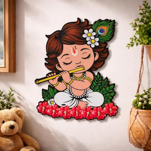 Image of Baby Krishna Wooden Key Holder for Wall | Krishna Flute MDF Key Stand with 6 Hooks | Decorative Wall Mounted Key Organizer for Home Entrance, Living Room & Office | Spiritual Gift Decor