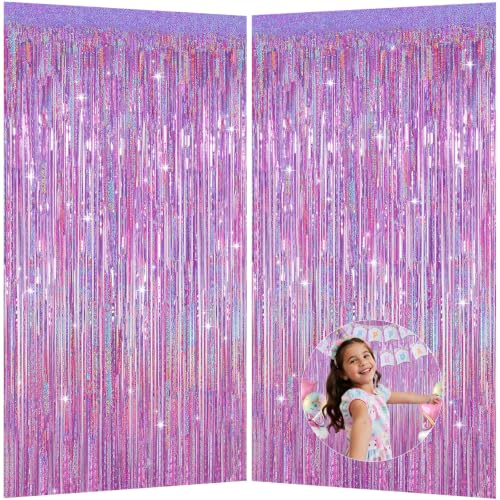 Image of Shimmering Purplish Pink Foil Fringe Curtains for Party Decor - Tinsel Backdrop for Photoshoot, Party Wall Decor with Glitter Streamers for Weddings, Baby Showers, Birthdays & Stage Events