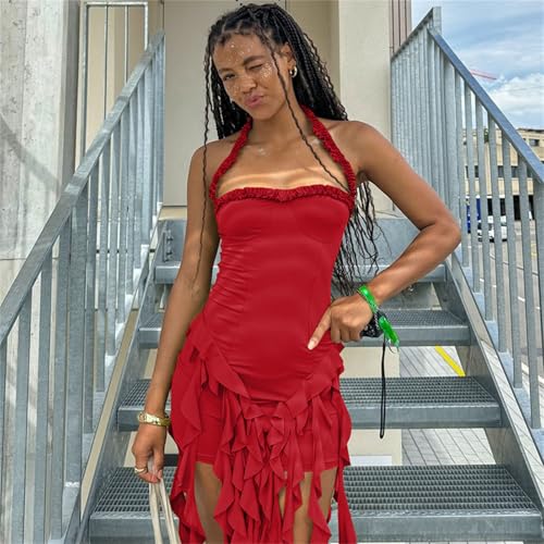 Image of Women's Summer Mini Dress Sexy Halter Backless Ruffle Fringe Bodycon Short Dress Cocktail Party Beach Vacation Sundress