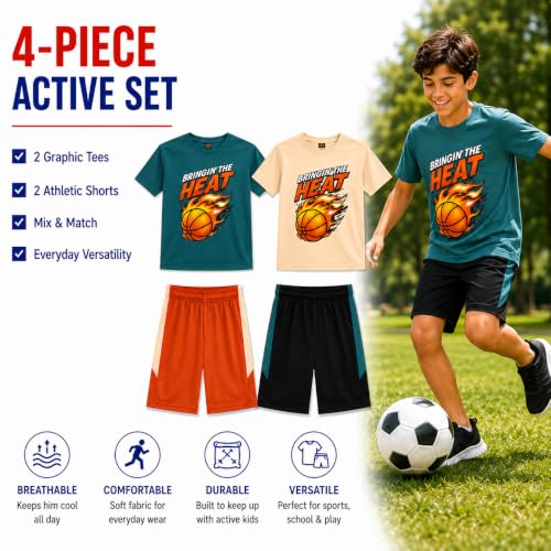 Image of Pro Athlete Boys Shorts Sets - 4 Piece Dry Fit Short Sleeve Crewneck Graphic Tee and Performance Shorts for Boys (Sizes 8-16)