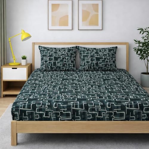 Image of 350 TC Premium Heavy Cotton Feel Elastic Fitted Bedsheet King Size with 2 Pillow Covers || Double Bed with All Around Elastic (Zik Zak, Fitted - 72 inchx78 inch King)